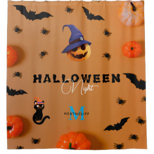 Elegant Zwart Kat Roze Monogram Halloween Pompoen Douchegordijn
