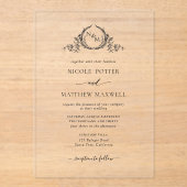 Elegant zwart koninklijke kroon krans monogram acryl uitnodigingen (Voorkant)