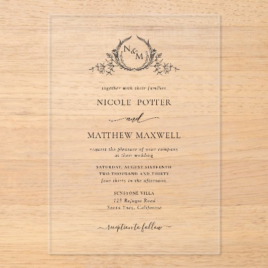 Elegant zwart koninklijke kroon krans monogram acryl uitnodigingen (Voorkant)