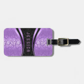 Elegant zwart & lavendel bloemdamast patroon bagagelabel (Voorkant horizontaal)
