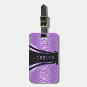 Elegant zwart & lavendel bloemdamast patroon bagagelabel