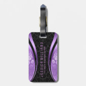 Elegant zwart & lavendel bloemdamast patroon bagagelabel (Achterkant verticaal)