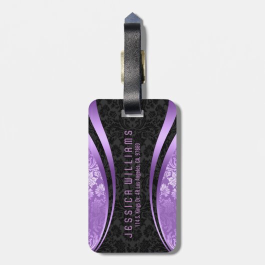 Elegant zwart & lavendel bloemdamast patroon bagagelabel (Achterkant verticaal)