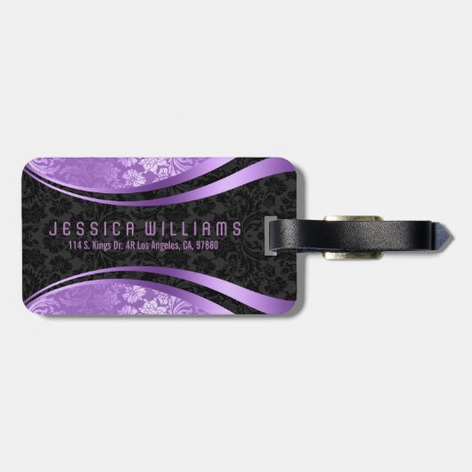 Elegant zwart & lavendel bloemdamast patroon bagagelabel (Achterkant horizontaal)