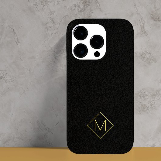 Elegant zwart leder, eenvoudig monogegrammeerd Case-Mate iPhone case