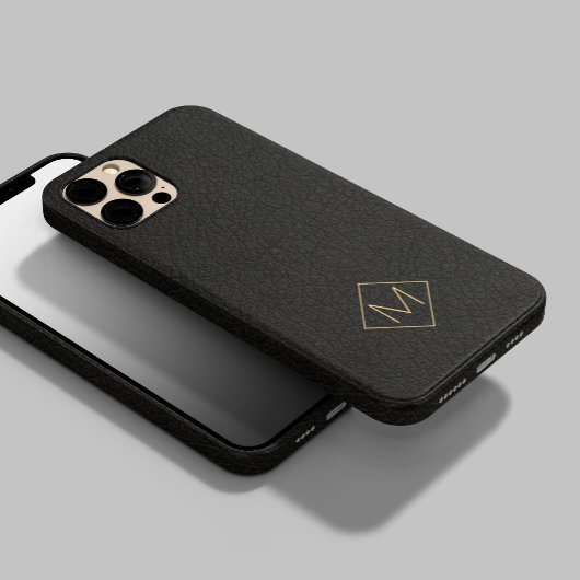 Elegant zwart leder, eenvoudig monogegrammeerd Case-Mate iPhone case