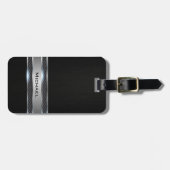 Elegant zwart leder en zilver etiket bagagelabel (Voorkant horizontaal)