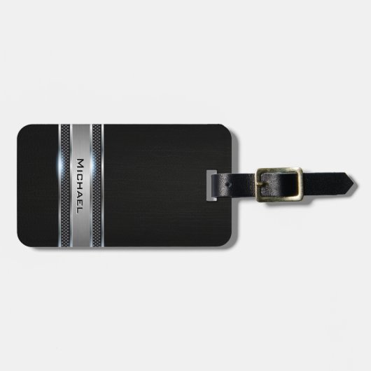 Elegant zwart leder en zilver etiket bagagelabel (Voorkant horizontaal)