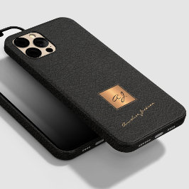 Elegant zwart leder goud monogrammen scriptnaam Case-Mate iPhone 14 pro hoesje
