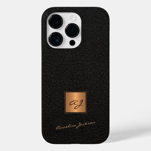 Elegant zwart leder goud monogrammen scriptnaam Case-Mate iPhone case (Achterkant)