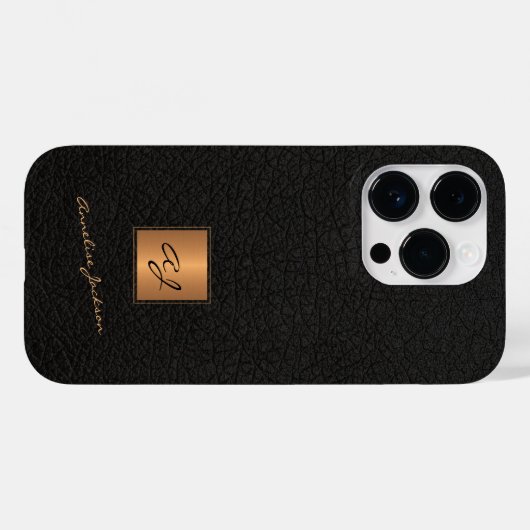 Elegant zwart leder goud monogrammen scriptnaam Case-Mate iPhone case (Achterkant (horizontaal))