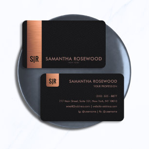 Elegant zwart leer & geborsteld koperen monogram visitekaartje