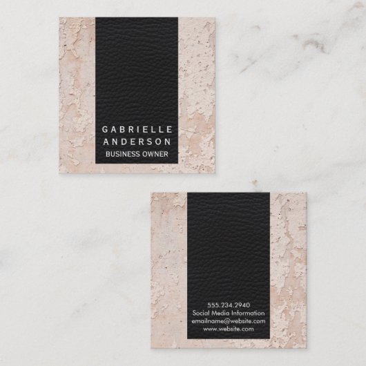 Elegant zwart leer | getextureerde wand vierkante visitekaartje (Voorkant / Achterkant)