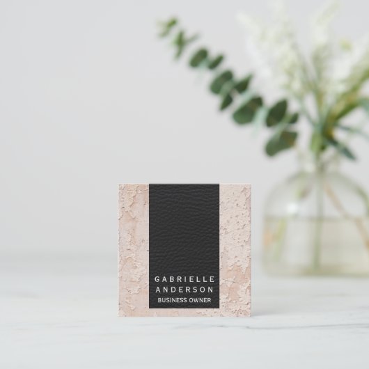 Elegant zwart leer | getextureerde wand vierkante visitekaartje (Staand voorkant)