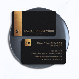 Elegant zwart leer & gouden balkmonogram visitekaartje
