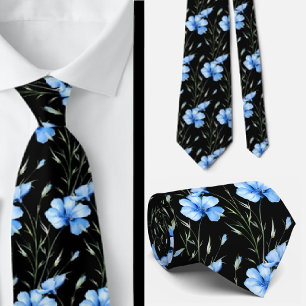Elegant Zwart Licht Blauw Wildflowers Stropdas