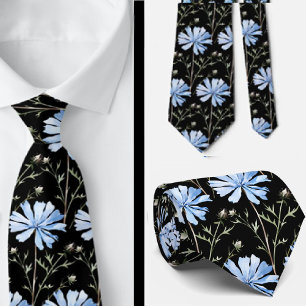 Elegant Zwart Licht Blauw Wildflowers Stropdas