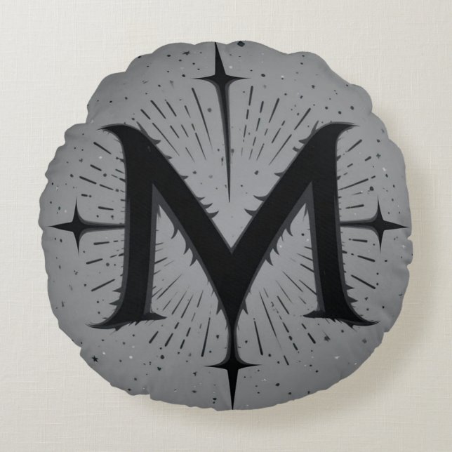 Elegant zwart 'M'-ontwerp met symmetrische sterren Rond Kussen (Voorkant)