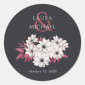 Elegant zwart magenta bloemig ronde sticker (Voorkant)