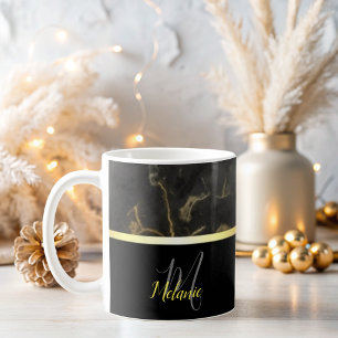 Elegant Zwart marmer gouden monogram Koffie Mok
