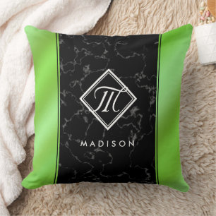 Elegant zwart marmer & limoengroene folie monogram kussen