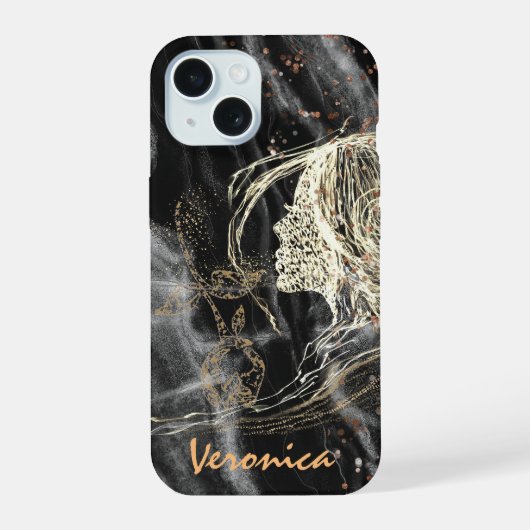 Elegant Zwart Marmer Vrouw profiel iPhone 15 Case (Achterkant)
