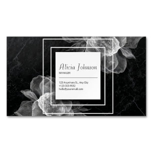 Elegant Zwart Marmer Witte Bloem Motief Vierkant M Magnetisch Visitekaartje
