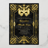 Elegant zwart masker Quinceanera Folie Uitnodiging (Voorkant)