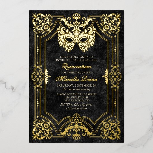 Elegant zwart masker Quinceanera Folie Uitnodiging (Voorkant)