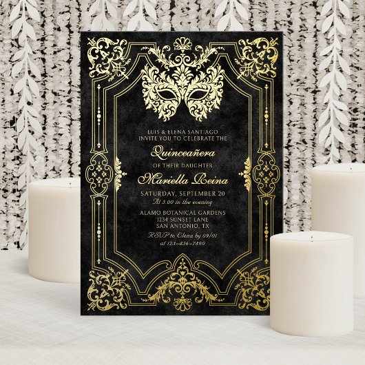 Elegant zwart masker Quinceanera Folie Uitnodiging