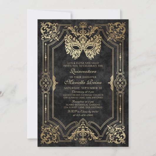 Elegant zwart maskerade masker Quinceanera Kaart (Voorkant)