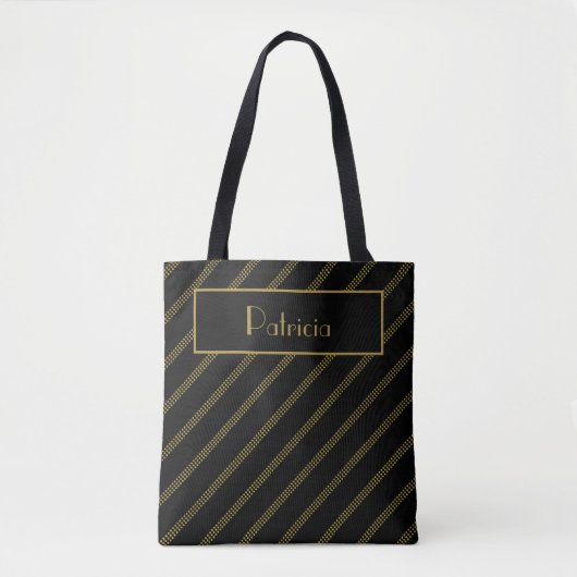 Elegant zwart met diagonaal gekleurde gouden lijne tote bag (Voorkant)