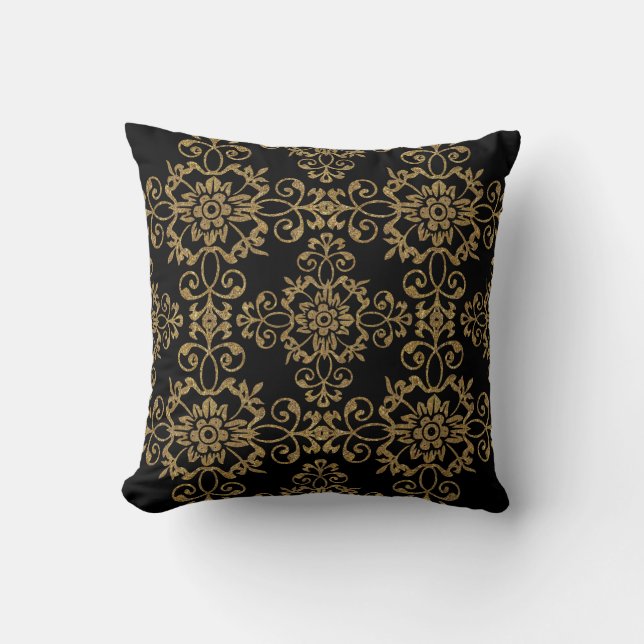 Elegant zwart met Gold Glitter Damask-ontwerp Kussen (Voorkant)