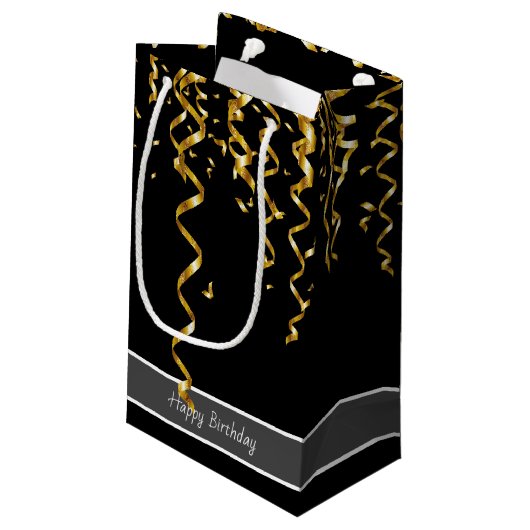 Elegant zwart met Gold Streamers, bewerkbare tekst Klein Cadeauzakje (Achterkant Gekanteld)