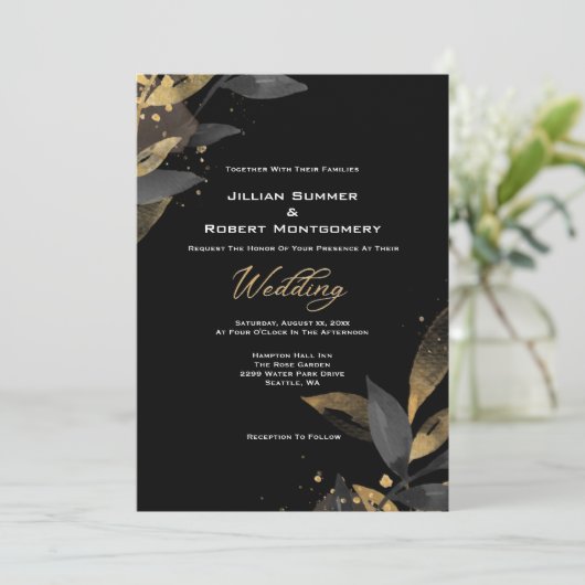 Elegant zwart met gouden bruiloft kaart (Staand voorkant)