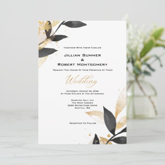 Elegant zwart met gouden bruiloft kaart (Staand voorkant)