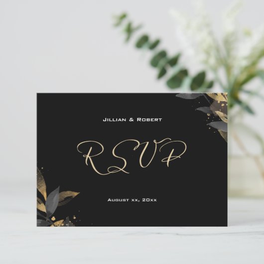 Elegant zwart met gouden bruiloft RSVP Kaart (Staand voorkant)