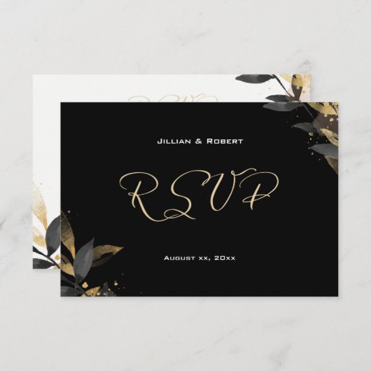Elegant zwart met gouden bruiloft RSVP Kaart (Voorkant / Achterkant)