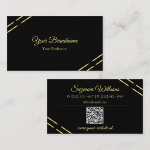 Elegant zwart met gouden lijnen en QR-code Visitekaartje