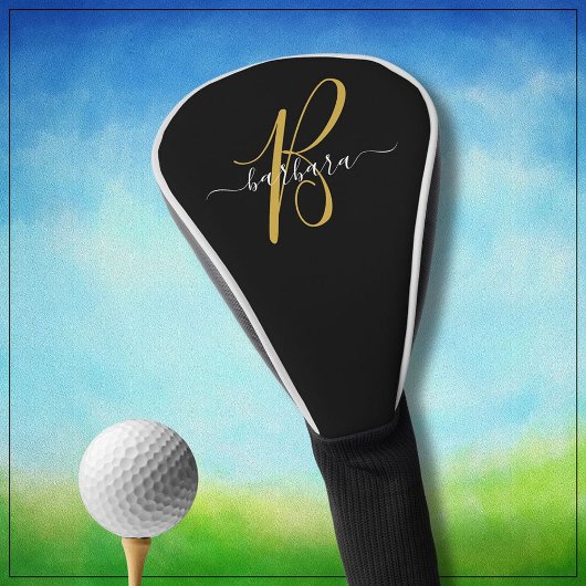 Elegant Zwart met Gouden Monogram Initiaal Naam * Golfheadcover
