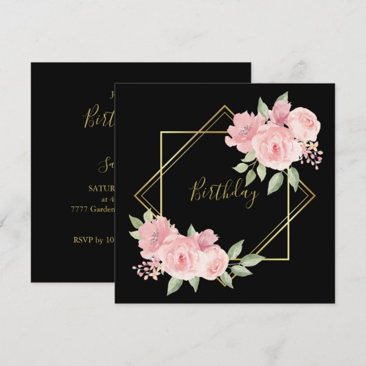 Elegant zwart met roze rozen kaart (Voorkant / Achterkant)