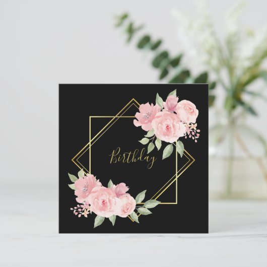 Elegant zwart met roze rozen kaart (Staand voorkant)