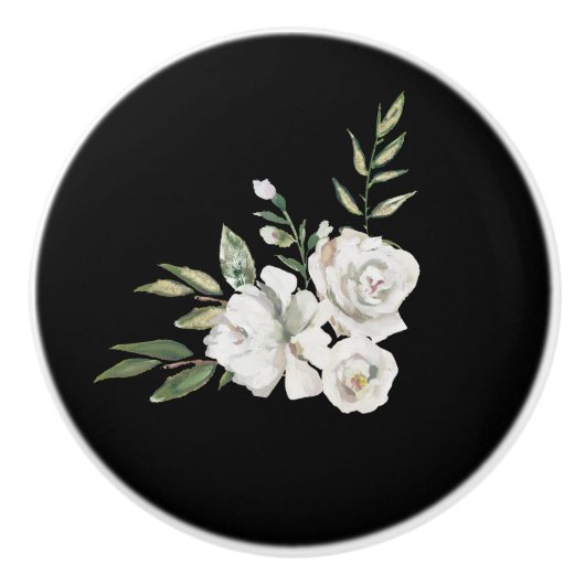 Elegant Zwart met Witte Bloemen Lade Keramische Knop (Voorkant)