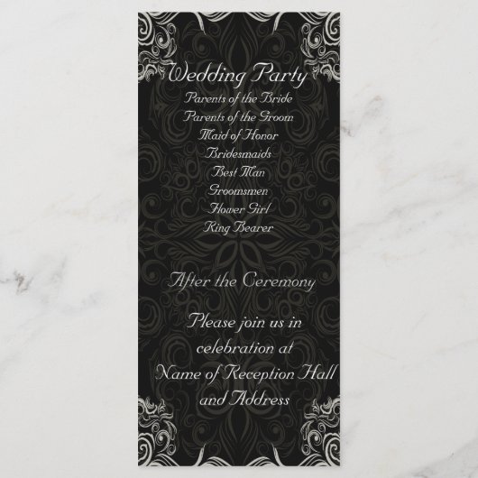 Elegant zwart met witte wervelingen bruiloft programmakaart (Achterkant)