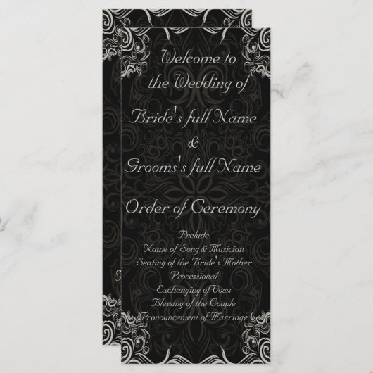 Elegant zwart met witte wervelingen bruiloft programmakaart (Voorkant / Achterkant)