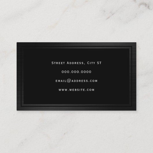 Elegant zwart metallisch wettelijk visitekaartje (Achterkant)
