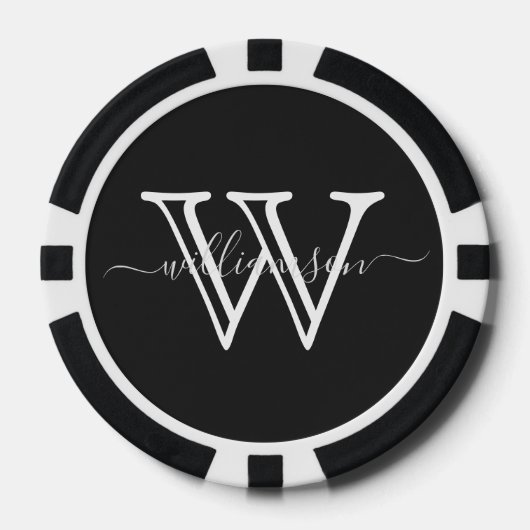 Elegant Zwart Minimale Naam en Monogram Poker Chips (Voorkant)