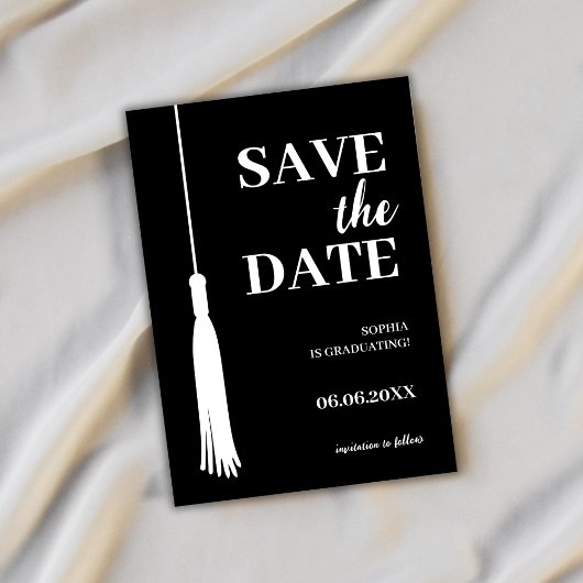 Elegant zwart minimalistisch Afstudeerder kwastje Save The Date