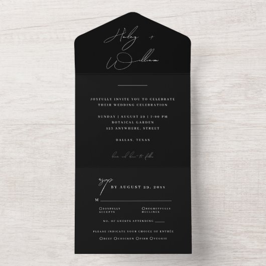 Elegant Zwart Minimalistisch Script All-in-One Tro All In One Uitnodiging (Binnen)