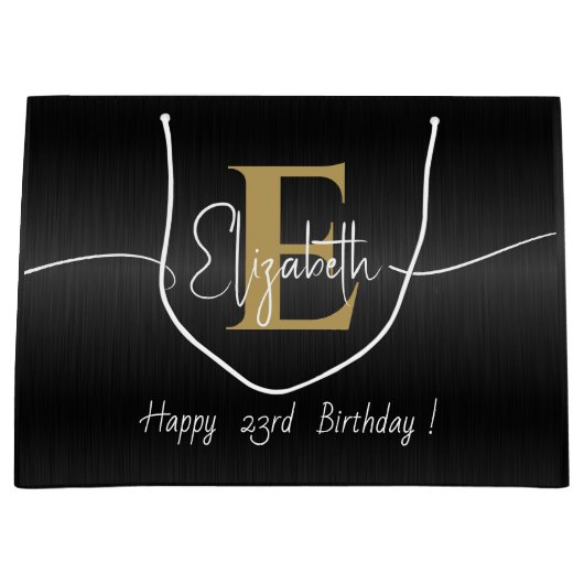 Elegant Zwart Modern Goud Monogrammed Script Naam Groot Cadeauzakje (Voorkant)